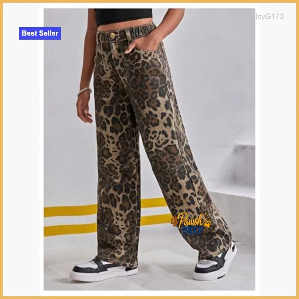 Girls Straight Leg Denim Pants High Waist Elastic Waist Cheetah Print